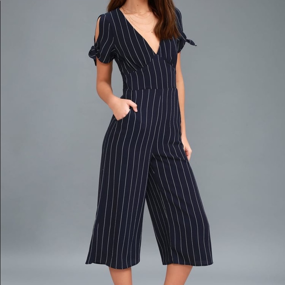 Lulus Navy Blue Striped Culotte Jumpsuit